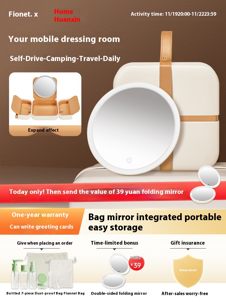 Feisnail Travel Bag with Smart LED Makeup Mirror, Portable Makeup Bag with Light for Women, Makeup Mirror.