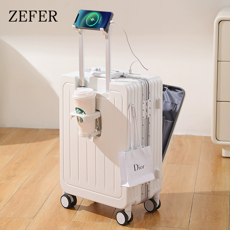 Zefer front-opening suitcase for women, multifunctional charging new style trolley case, 20-inch password carry-on travel luggage.